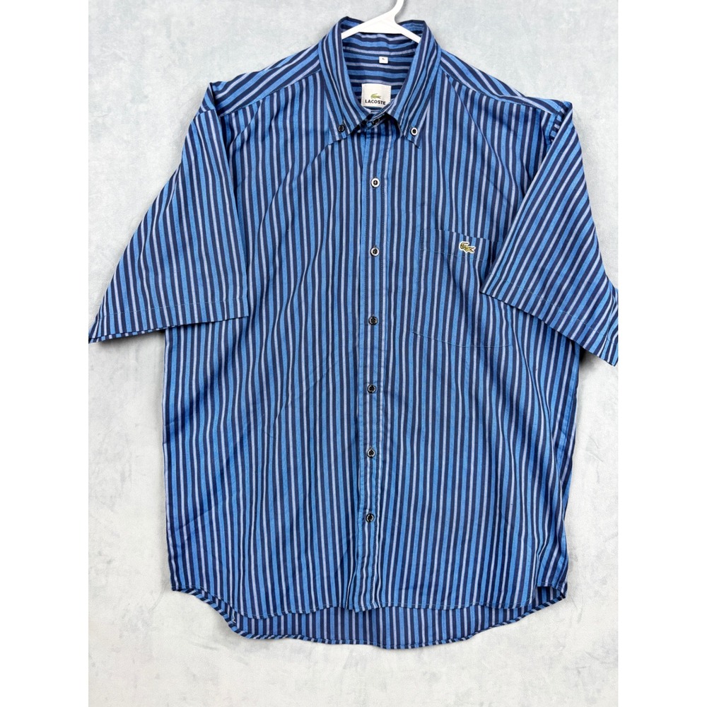 Lacoste Mens Blue Striped Short Sleeve Button Down Shirt Large Crocodile Logo